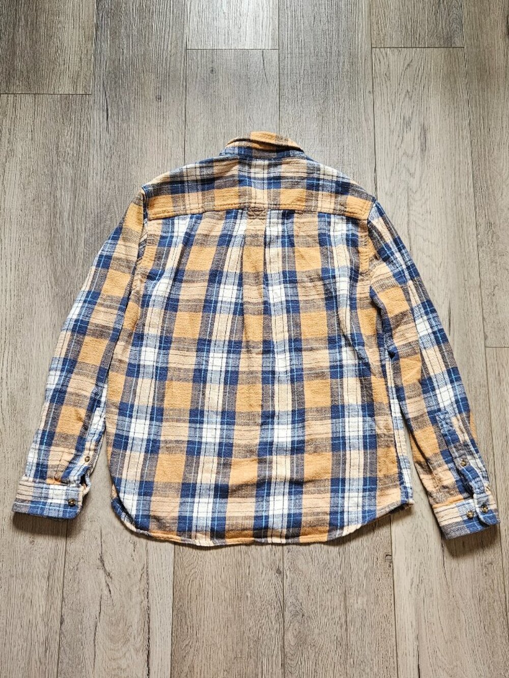 LL Bean Flannel Shirt Mens Medium Regular Mustard Blue Plaid Button Up 520381 - Picture 2 of 8